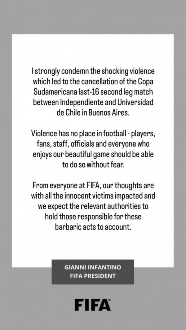 因凡蒂诺社媒：强烈责骂南好意思杯暴力动作，但愿当局精采施暴者职守