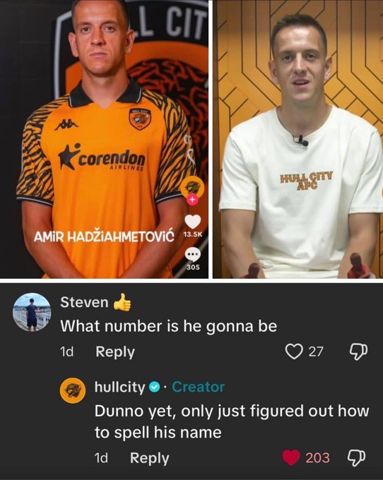 皮一下很振作！赫尔城社媒玩笑：新援穿几号？才知说念他名字若何拼