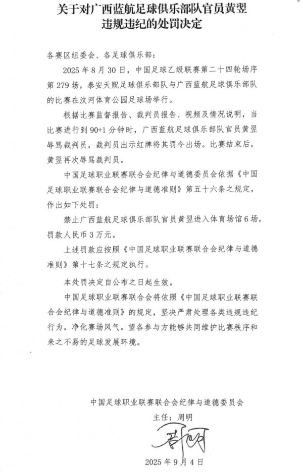 广西蓝航俱乐部官员黄翌辱骂评判员，被禁赛6场+罚金3万