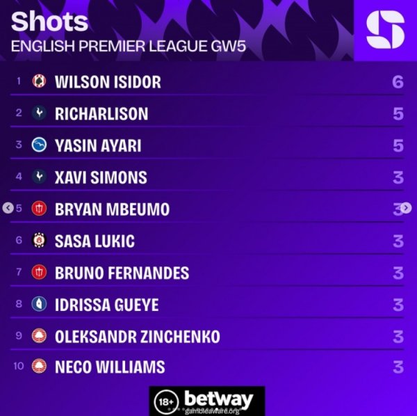 英超第5轮射门榜：伊西多6次居首，理查利森、亚辛-阿亚里5次第二