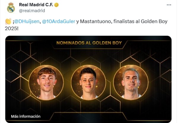 此前金球未发文，皇马道贺赫伊森、居莱尔和马斯坦托诺进金童候选