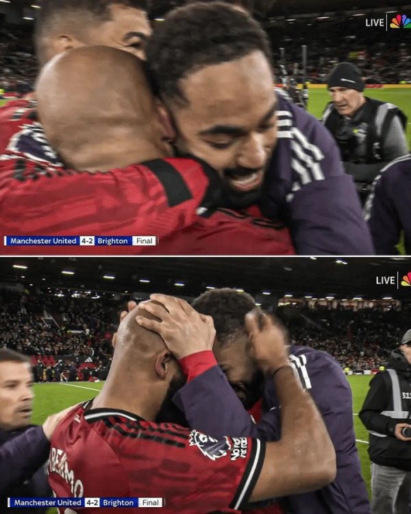 蜂王与狼王！赛后曼联两大新援姆伯莫和库尼亚牢牢拥抱庆祝顺利