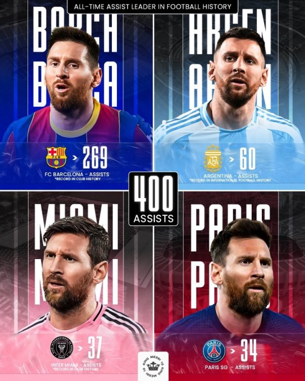 里程碑！梅西生活400助漫步：巴萨269+阿根廷60+迈阿密37+巴黎34