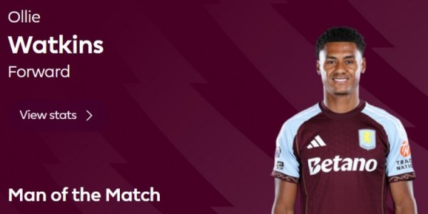 梅开二度助球队逆转，官方：沃特金斯当选维拉4-3布莱顿最好球员